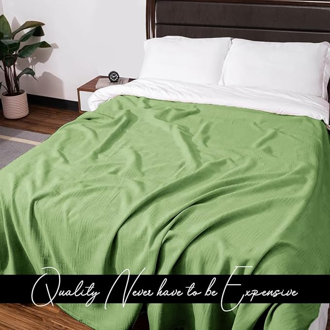 Avalon Bedding 100% Cotton Blankets Queen Size Thermal Blanket (90"x90") - Perfect Cotton Blanket Queen Size for Layering Bed in Any Season - Cotton Blankets for Bed (Green)
