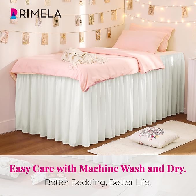 RIMELA Dorm Bed Skirt Twin XL 46 Inch Drop, Easy to Install Extra Long Wrap Around Elastic Dust Ruffle, Warm White Bedskirt Solid Silky Fabric Machine Washable (Twin XL 80“L x 39”W & Twin 75“L x 39”W)