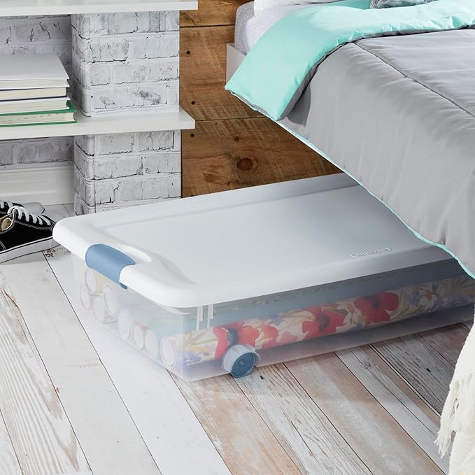 Sterilite 12-Pack Latching Box, Under Bed Storage Bins with Lids, Clear Plastic, 56 Quart - Heavy-Duty Organizing Containers for Closet, Bathroom, and Office