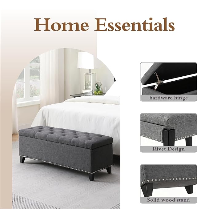 47.5” Storage Ottoman Bench, Upholstered Button-Tufted End of Bed Bench with Soft-Close Hinge & Solid Wood Legs, Foot Rest for Living Room, Bedroom, Hallway (Linen, Dark Grey)