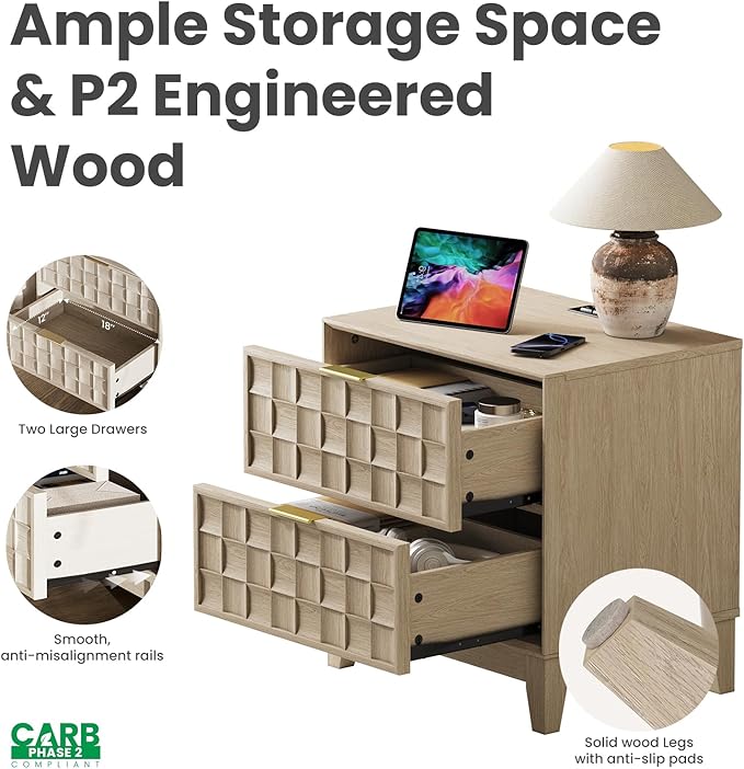 COLAMY Nightstand with Charging Station, 22" Modern Bed Side Table with 2 Storage Drawers and Chessboard Relieffor Bedroom, Dorm and Small Spaces - Oak