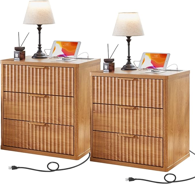 LEYAOYAO 23" Wide Fluted Farmhouse Night Stand Set of 2 with Charging Station, 3 Drawers Large End Table w/Metal Handle, Brown Nightstand Bedside Table,Wood Dresser for Bedroom, Closet