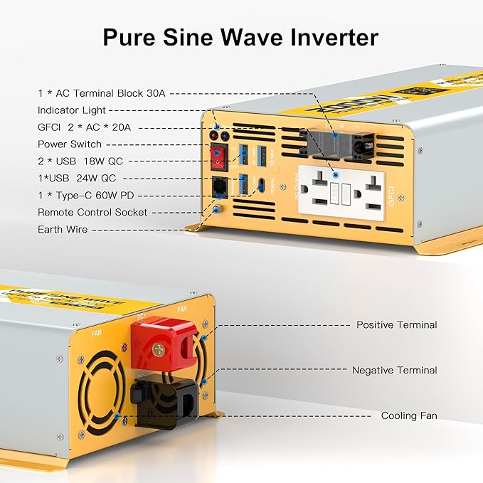 XWJNE 2000W Pure Sine Wave Power Inverter 12V DC to 120V GFCI AC Converter with LCD Display and Remote for Home, RV, Truck, Off-Grid Solar Power