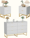 Anbuy 3 Pieces Bedroom Sets 6 Drawer Dresser and Nightstand Sets for Bedroom, Night Stand Set of 2 & 6 Drawer Dresser with Gold Handles, Morden Wood Chest of Drawers Storage Cabinet Set, White
