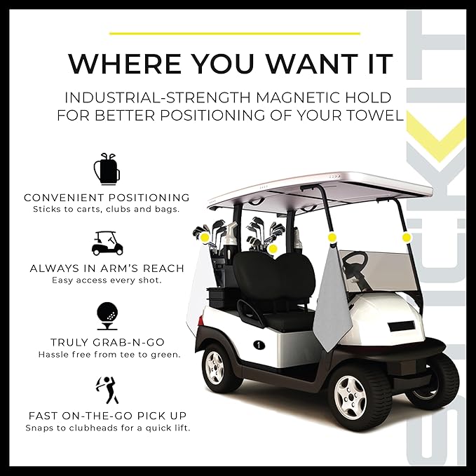 STICKIT Magnetic Towel, Gray | Top-Tier Microfiber Golf Towel with Deep Waffle Pockets | Industrial Strength Magnet for Strong Hold to Golf Carts or Clubs