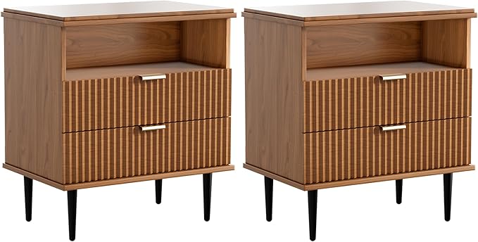 Nightstand with Charging Station, Wide Fluted Nightstand, Wood for Bedroom, Black Dresser with Storage Drawers, Bedside Table with Metal Handle & Leg (Walnut Set of 2, 23.3)