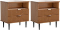 Nightstand with Charging Station, Wide Fluted Nightstand, Wood for Bedroom, Black Dresser with Storage Drawers, Bedside Table with Metal Handle & Leg (Walnut Set of 2, 23.3)
