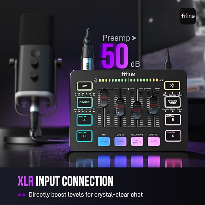 FIFINE Gaming Audio Mixer, Streaming RGB PC Mixer with XLR Microphone Interface, Individual Control, Volume Fader, Mute Button, 48V Phantom Power, for Podcast/Recording/Vocal/Game Voice-AmpliGame SC3