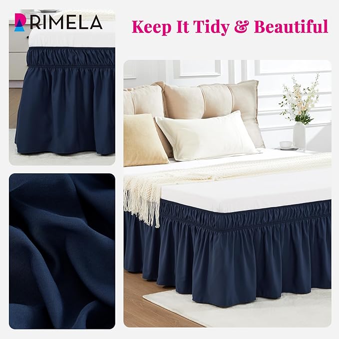 RIMELA Navy Blue Bed Skirt Queen Size 15 Inch Drop, Elastic Bed Skirting for Bed Base and Frame, Bedding Dust Ruffle Easy to Install, Lightweight Wrap Around Adjustable Bedskirt