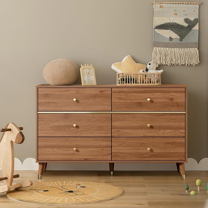 6 Drawer Dresser,47" Wide Mid Century Chest of Drawers,Wooden Bedroom Drawer Dresser with 6 Storage Drawers for Bedroom,Living Room,with Anti-Tipping Device,Walnut.HT