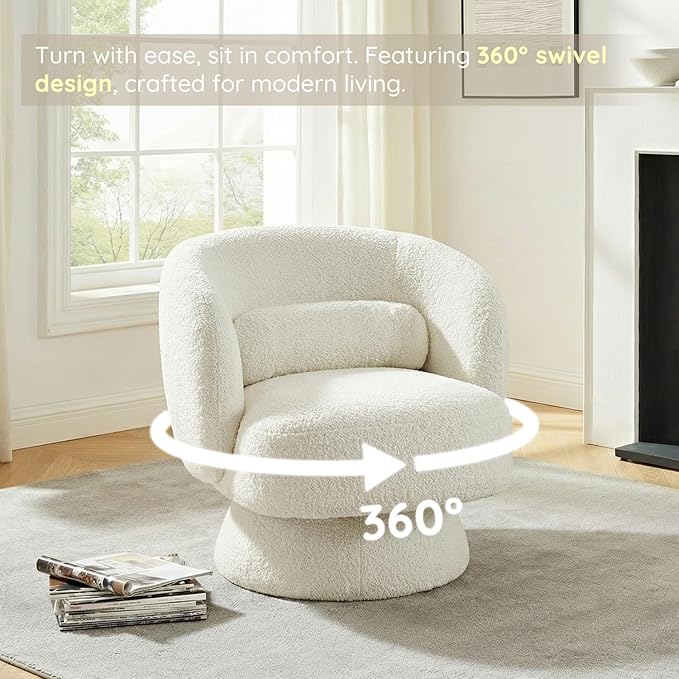 Swivel Accent Chair, Modern 360 Degree Swivel Barrel Chair with Arms & Curved Back and Lumbar Support Cushion, Comfy Round Single Boucle Sofa for Small Space, Living Room, Bedroom, White