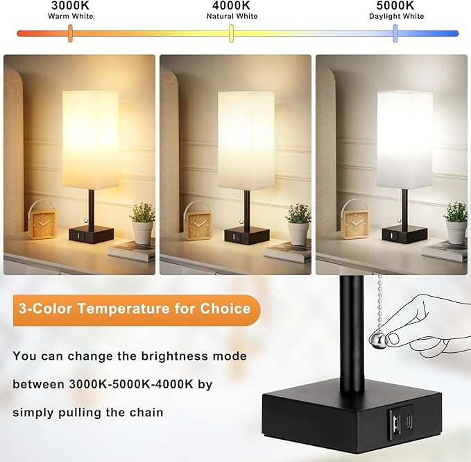 aooshine Bedside Table Lamps Set of 2 - Small White Bedroom Lamps with 3 Color Temperatures (3000K/5000K/4000K), Square Nightstand Lamp with USB C + A Charging Ports, Pull Chain Night Light