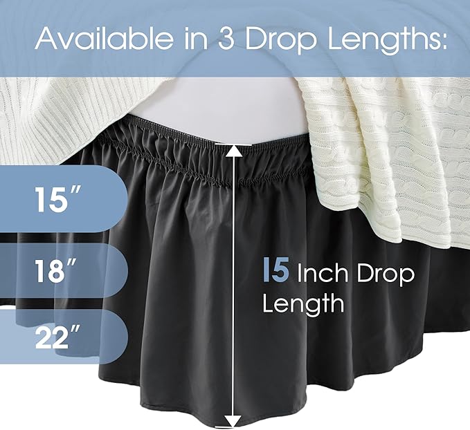 FreshCulture King Bed Skirt, Dust Ruffle for King Size Bed, Easy Fit with 15-Inch Tailored Drop, Elastic Wrap Around Bed Skirt King Size, Hotel Quality Bed Skirts for Adjustable Bed (Black)