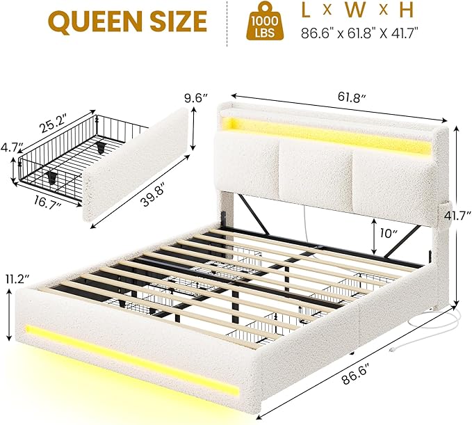 VIAGDO Queen Bed Frame with Storage Headboard and Charging Station, Boucle Upholstered Bed Frame Queen Size with 4 Drawers and LED Lights, Type C and USB, No Box Spring Needed, Cream White