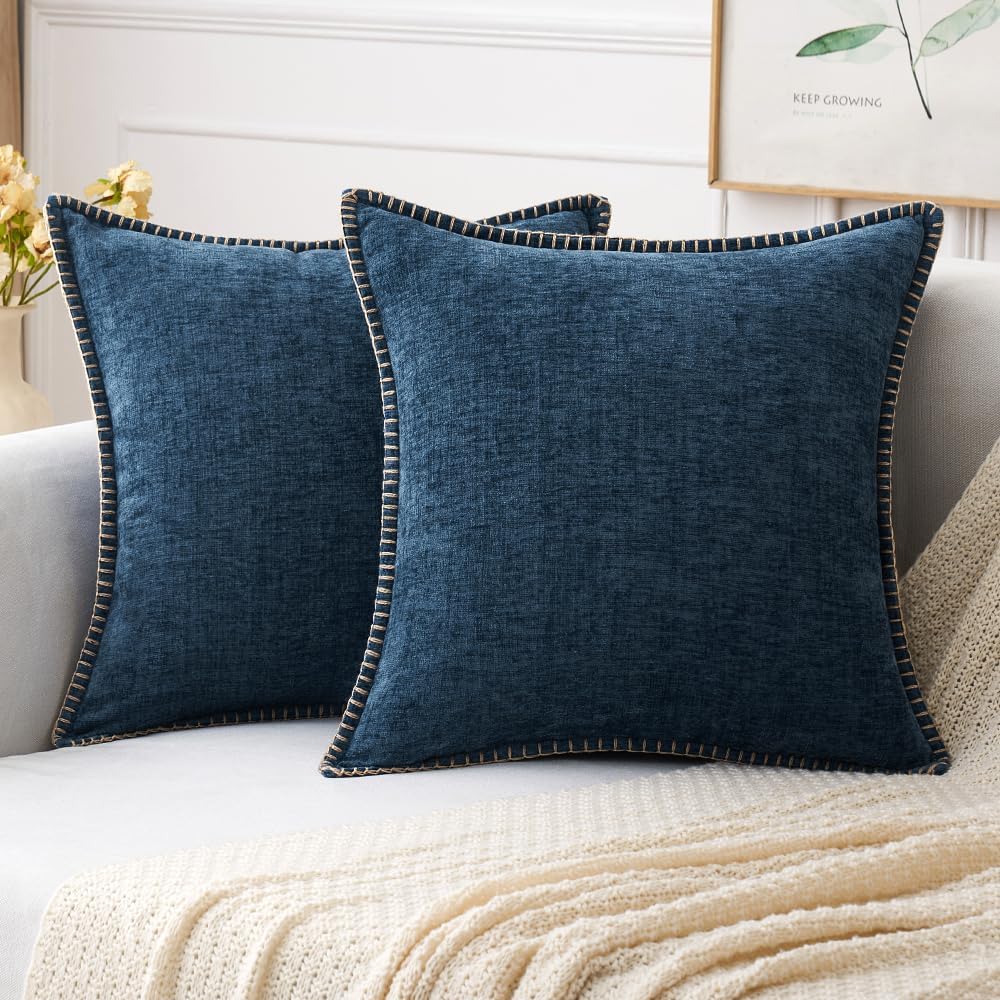 MIULEE Pack of 2 Couch Throw Pillow Covers 16x16 Inch Navy Blue Farmhouse Decorative Pillow Covers with Stitched Edge Soft Chenille Solid Dyed Spring Pillow Covers for Sofa Bed Living Room