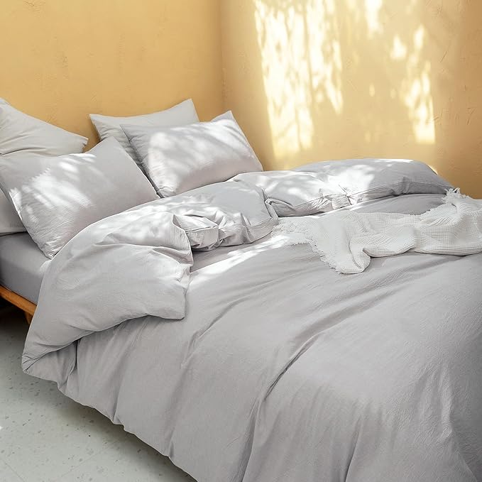FOSSA Duvet Cover Set 100% Washed Cotton Linen Feel Super Soft Breathable Cozy 3 Pieces Bedding Sets Solid Grayish Queen