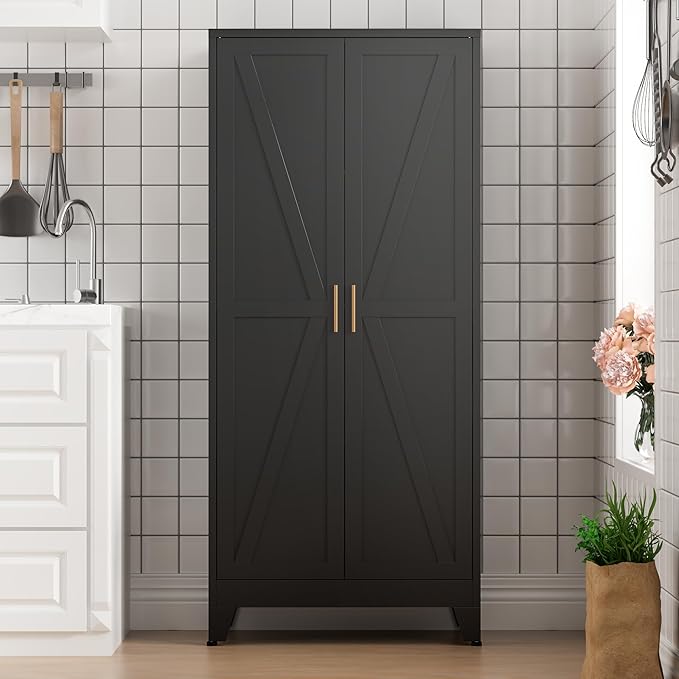 COFaR Black Farmhouse Storage Kitchen Pantry Cabinet with 2 Barn Door, 3 Adjustable Shelves and Legs, for Cupboard/Dining Room/Bathroom/Living Room/Office/Laundry Room (Black, 61" Farmhouse)
