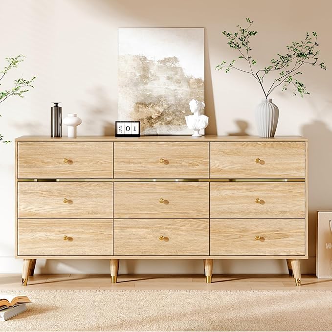 9 Drawer Dresser,63" Wide Mid Century Modern Chest of Drawers,Wooden Bedroom Drawer Dresser with 9 Storage Drawers for Bedroom, Living Room,with Anti-Tipping Device,Natural