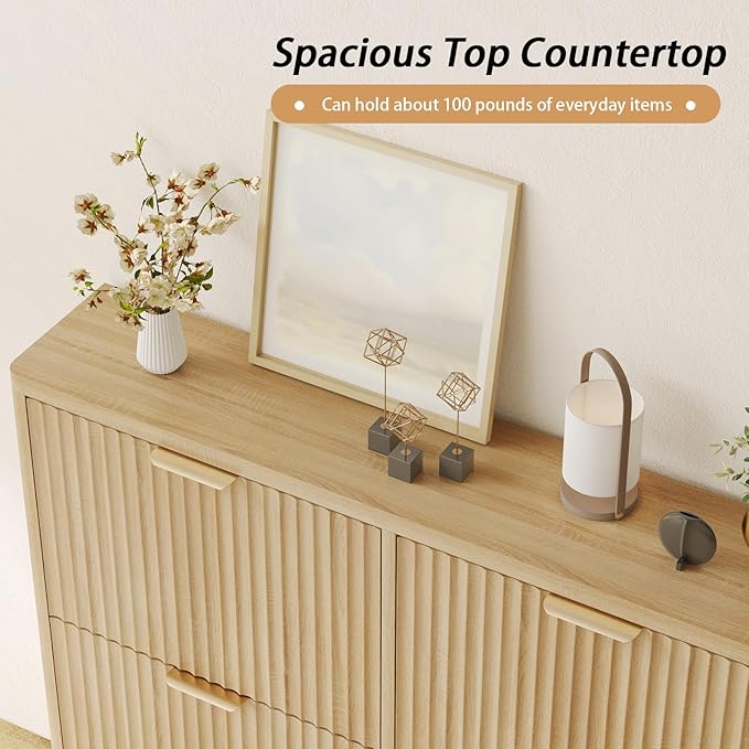 Fluted Shoe Cabinet Storage with 4 Flip Drawers, Narrow Shoe Storage Organizer for Entryway, Hidden Slim Wooden Shoe Rack Cabinet for Front Door Entrance, Hallway, Living Room (4-Drawer, Oak)