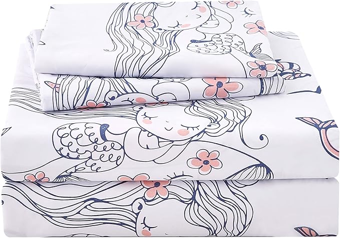 JSD Mermaid Girls Sheet Set Twin Size, 3 Piece Ocean Theme Microfiber Kids Bed Sheets Deep Pocket
