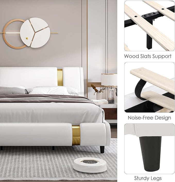TTVIEW Modern Faux Leather Upholstered Platform Bed Frame with Golden Iron Metal Decor, Adjustable Curved Headboard, Wooden Slats Support, No Box Spring Needed, King Size, White