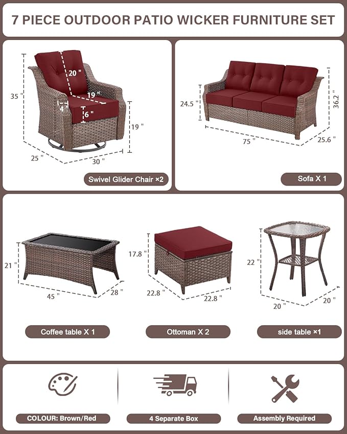 Belord 7 Piece Patio Furniture Set - High Back Swivel Rocker Glider Outdoor Chairs with 3-Seat Sofa and Ottoman, All-Weather Removable 6" Red Cushion for Patio Conversation and Family Reunion