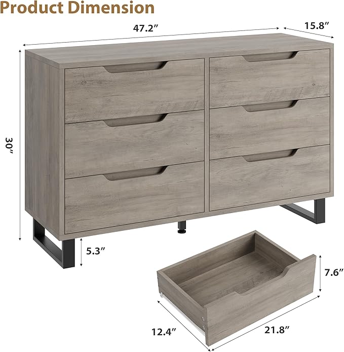 GarveeHome 6 Dresser for Bedroom, 47.2 in Wide Dresser, Freestanding Vertical Drawer Cabinet with Storage, Wooden Closet Storage Chest for Living Room, Hallway, Entryway, Ash Grey