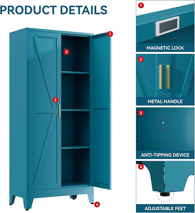 Farmhouse Pantry Cabinet with Barn Doors,61" H x 27.5" W,Metal Cabinet with Adjustable Shelves,4-Tier Storage Cabinet for Kitchen Dining Room Garage,Blue