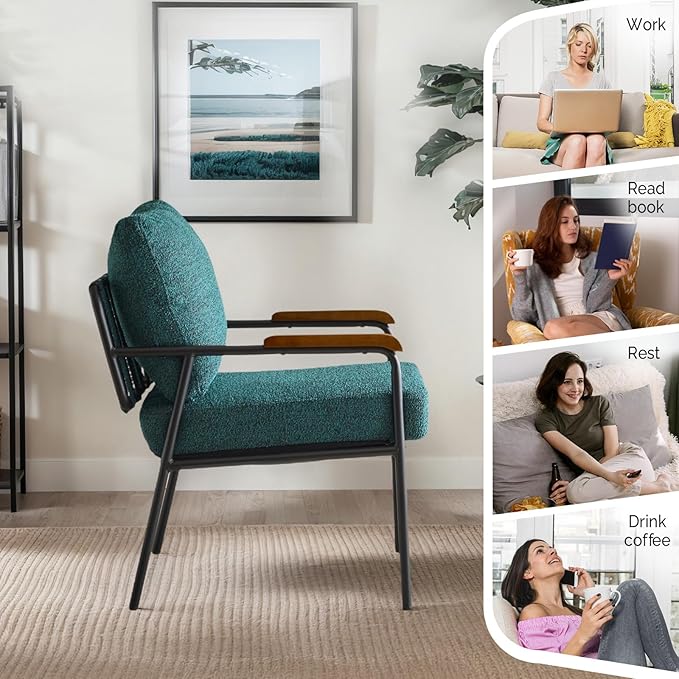VINGLI Mid-Century Modern Accent Armchiars Set of 2 for Small Space, Small Comfy Upholstered Leisure Reading Chairs with Wood Armrests for Bedroom, Living Room, Waiting Room, Linen Dark Green