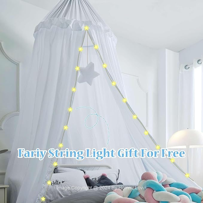 Bed Canopy for Girls, Dreamy Frills Ceiling Hanging Princess Canopy Bedroom Decoration Soft Canopy Net Reading Nook, Extra Large Full Queen Size Bed Canopies - White