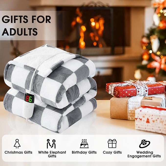 Heated Electric Blanketc Throw, 50X60 Heating Blanket with 10 Heat Level & 8 Hour Auto Off for Lap, Light Gray Checkered Plaid Sherpa Blankets Warmer Gift for Couch Grandma Women Adults Washable
