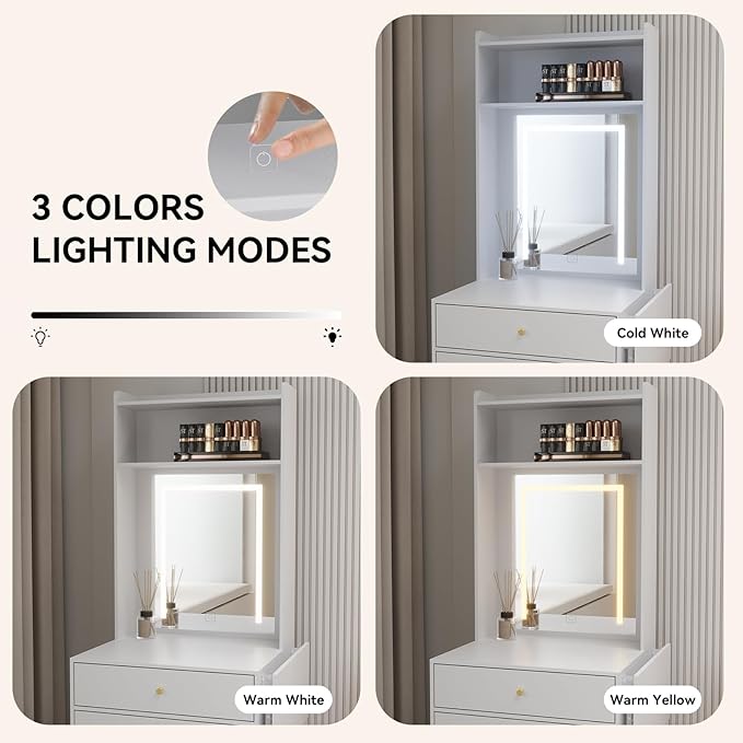 ARTETHYS Small Vanity Desk Set with 3 Adjustable Lighted Mirror and Storage Chair Mini Makeup Vanities Set for Compact Space White Dressing Table with Fold-up Panel for Bedroom