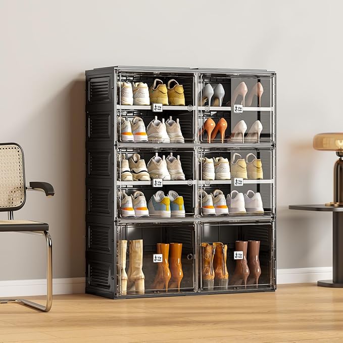 Black Shoe Rack Organizer Cabinet for Closet Entryway,Clear Shoe Storage Boxes Stackable Sneaker Storage with Door Easy Assembly Shoe Cabinet with Lids Large 5 Tiers 20 Pairs