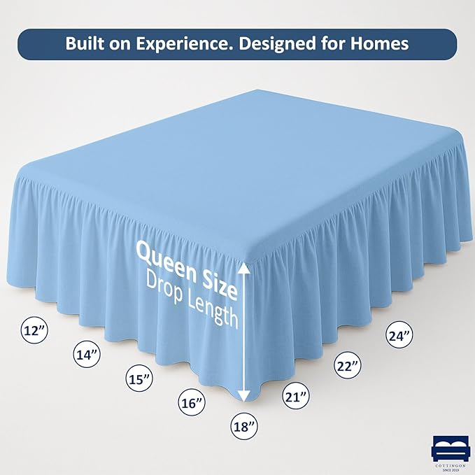Ruffled Bed Skirt with Split Corners-Dust Ruffle - 16" Drop 100% Microfiber Soft,Sheen & Luxurious Look - Bed Skirts (Light Blue -Queen)