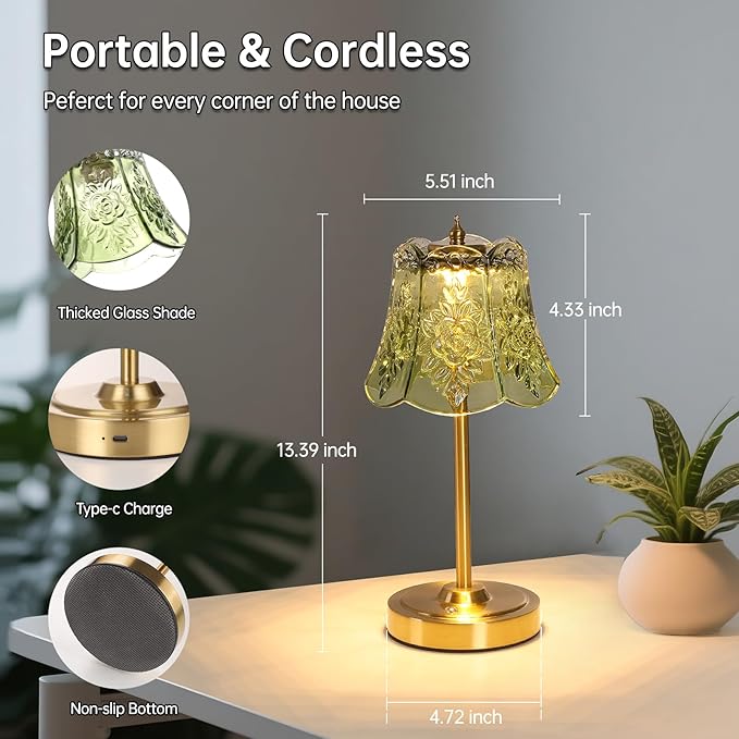 Small Table Lamp with 5200mAh Battery & Touch Control - 3 Adjustable Color Temperatures, Dimmable Rechargeable Table Lamps for Living Room, Bedroom, Bedside (Green Rose)