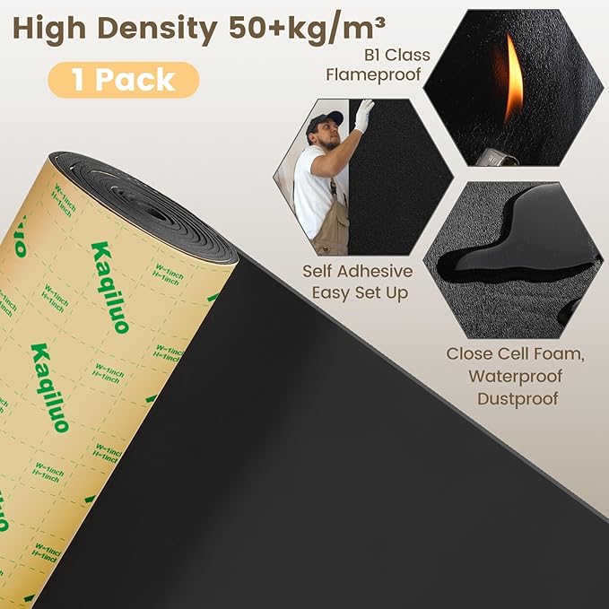 Self-Adhesive Sound Insulation Acoustic Foam,73.2sqft x 0.4in Thick,50+kg/m³ ,Sound Proof Padding,Fire,Water Resistant ,Thermal Insulation,Cold Proof Acoustic Treatment Foam