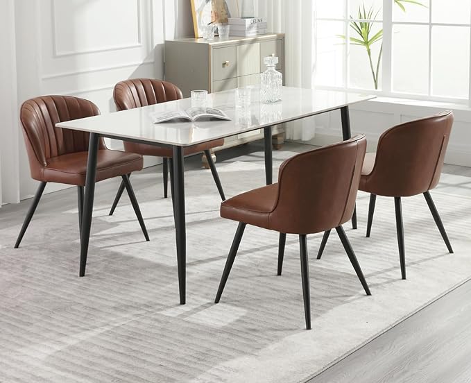 Ealson Modern Dining Chairs Set of 4 Leather Upholstered Accent Dining Room Chairs with Metal Legs Comfortable Armless Kitchen Chairs for Living/Dining Room, Brown