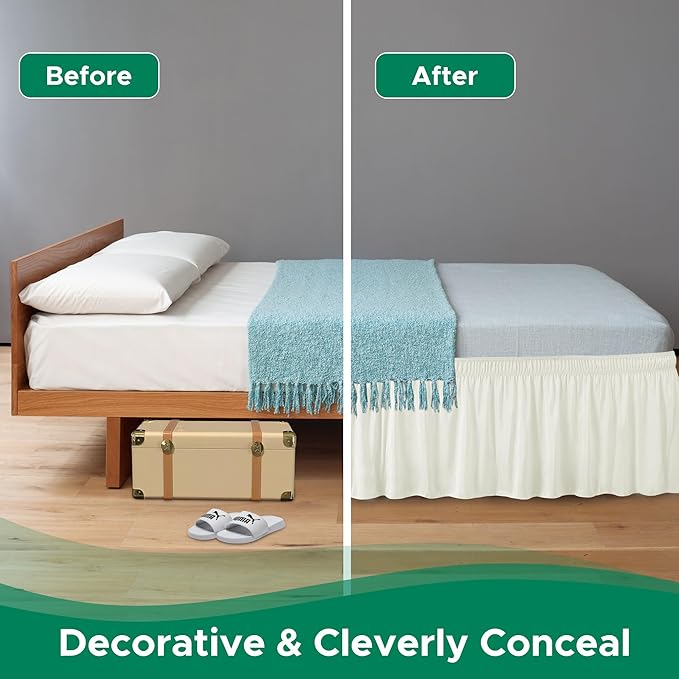 Biscaynebay Wrap Around Bed Skirts for King & Cal King Beds 14" Drop, Ivory Adjustable Elastic Dust Ruffles Easy Fit Wrinkle & Fade Resistant Silky Luxurious Fabric Solid Machine Washable