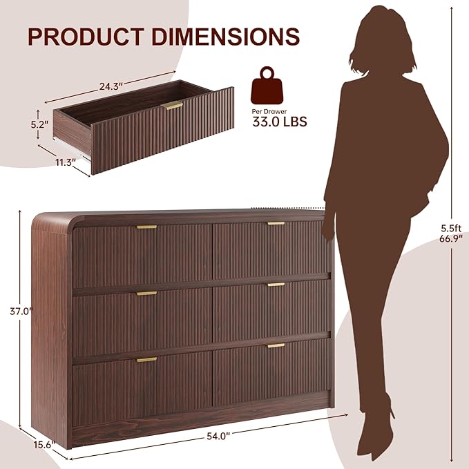 FURSUN Fluted 6 Drawers Dresser for Bedroom, 54" Wide Wooden Dresser with Metal Handle, Curved Profile Design, Modern Storage Organizer for Bedroom, Living Room, Hallway, Walnut