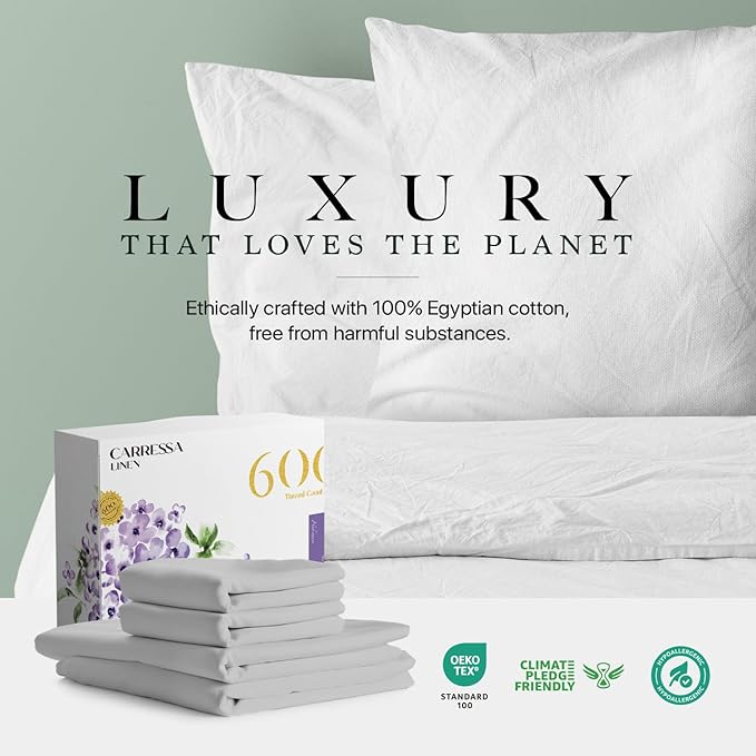 Carressa Linen 100% Egyptian Cotton Queen Sheet Set - 600 Thread Count Egyptian Cotton Queen Sheets Set (4 PC, Silver Gray), Ultra Soft, Cooling, 16" Deep Pocket Sateen Weave Luxury Hotel Bed Sheet