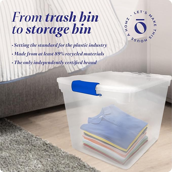 HOMZ 4-Pack 31 Quart Latching Lid, Clear Plastic Storage Organizer Bins, Blue – Stackable Containers for Home & Office Shelves, Kitchen, Garage, and Bathroom Organization