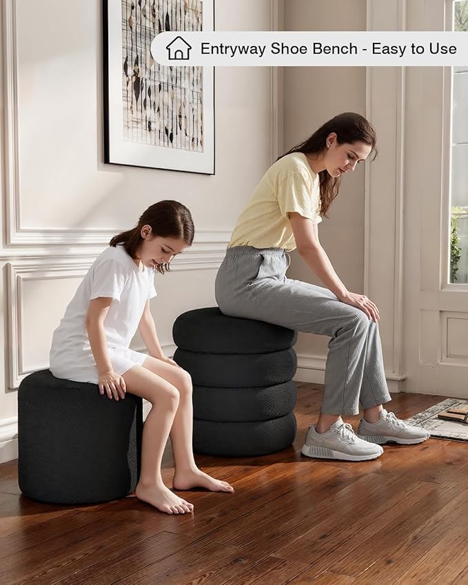 Round Set of 2 Sherpa Storage Ottoman Stool Boucle Vanity Stool Footstool with Removeable lid Load up to 440 lbs for Livingroom Bedroom Black UASND68B