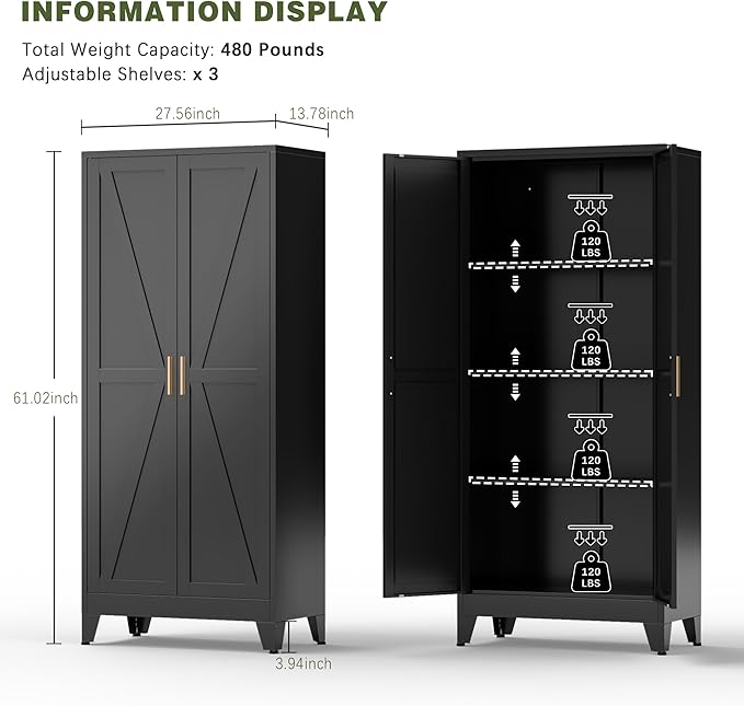 COFaR Black Farmhouse Storage Kitchen Pantry Cabinet with 2 Barn Door, 3 Adjustable Shelves and Legs, for Cupboard/Dining Room/Bathroom/Living Room/Office/Laundry Room (Black, 61" Farmhouse)