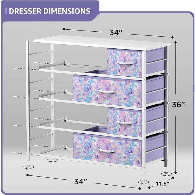 Sorbus Dresser with 8 Drawers - Furniture Storage Chest for Kid’s, Teens, Bedroom, Nursery, Playroom, Clothes, Toys - Steel Frame, Wood Top, Fabric Bins (Tie-dye Purple)