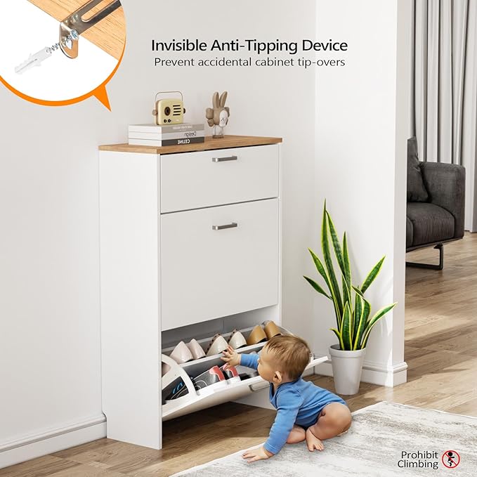 VINGLI Shoe Cabinet Storage for Entryway Ultra Slim with 2 Flip &1Drop-Down Drawers, 24.8" W Narrow Shoe Cabinet for Front Door Entrance,Freestanding Modern White Wood Shoes Organizer for Hallway