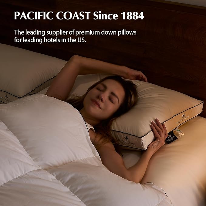 Pacific Coast Goose Firm Bed Pillows of Standard Size, 100% Organic Cotton Cover, Gusseted Design for Sleeping, Feather and Down Pillows of Hotel Collection