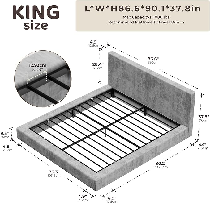RECCI Cloud Upholstered King Bed Frame with Headboard, 5 Inch Foam Padded Platform, No Box Spring, Easy Assembly (Moon Grey)
