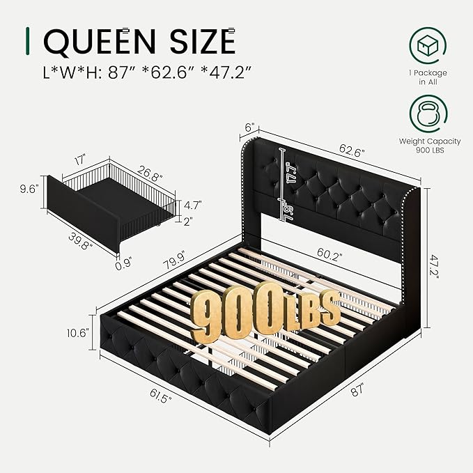 LARMACE Queen Size Bed Frame with 4 Storage Drawers and Wingback Headboard Upholstered Platform Beds Velvet Tufted Bed Frame with Wooden Slats Support, Easy Assembly, Black