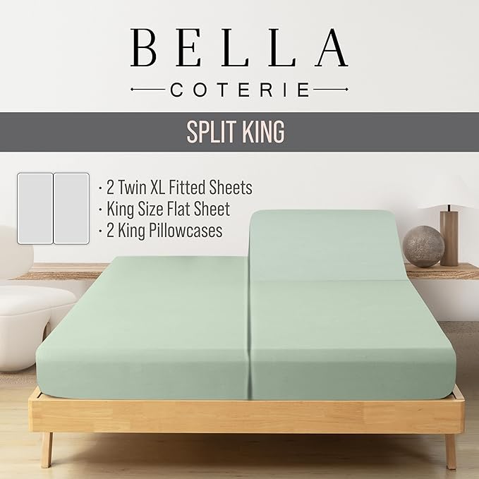 Bella Coterie Luxury Bamboo Viscose Split King Size Sheet Set | 2 Fitted Sheets for Sleep Number & Adjustable Beds | 100% Organically Grown | Cooling & Ultra Soft | 18” Deep Pocket [Sea Glass]