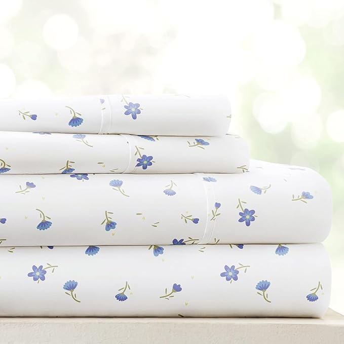Linen Market Double-Brushed Patterned Microfiber California King Sheet Set 4 Piece – Oeko-TEX Certified Ultra Soft & Wrinkle-Free - 16" Deep Pocket Sheets Easy Care Cal-King Size - Soft Floral Blue